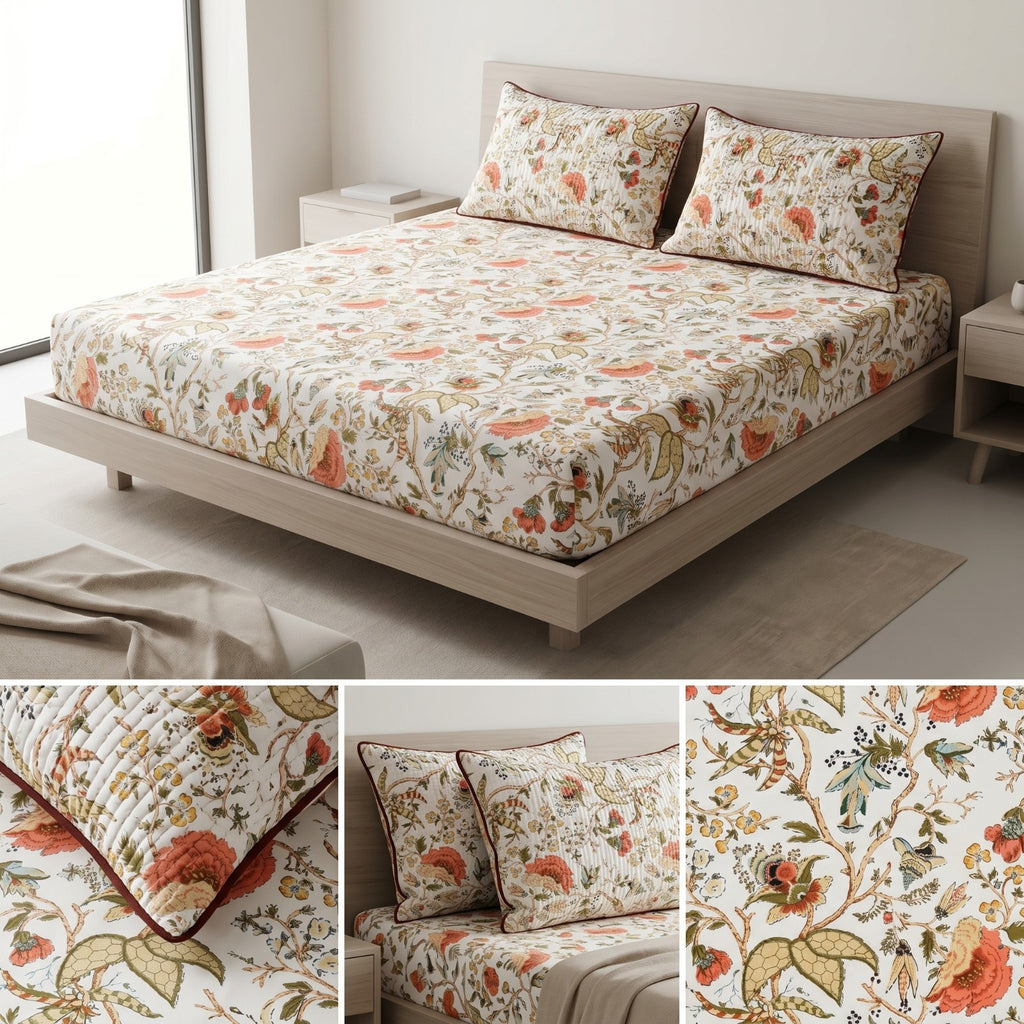 Premium Pure Cotton Bedsheet 90 × 108 Inches (7*9 Feet) Quilted Pillow Covers