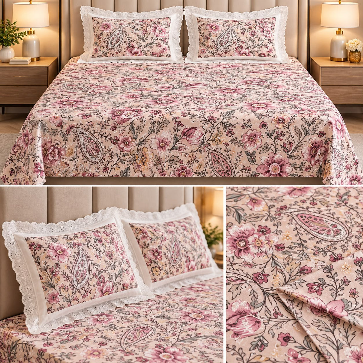 Floral King Size Bedsheet with Designer Lace Pillow Covers (108 x 108 Inches) Product Code:- 55B1150RKEH