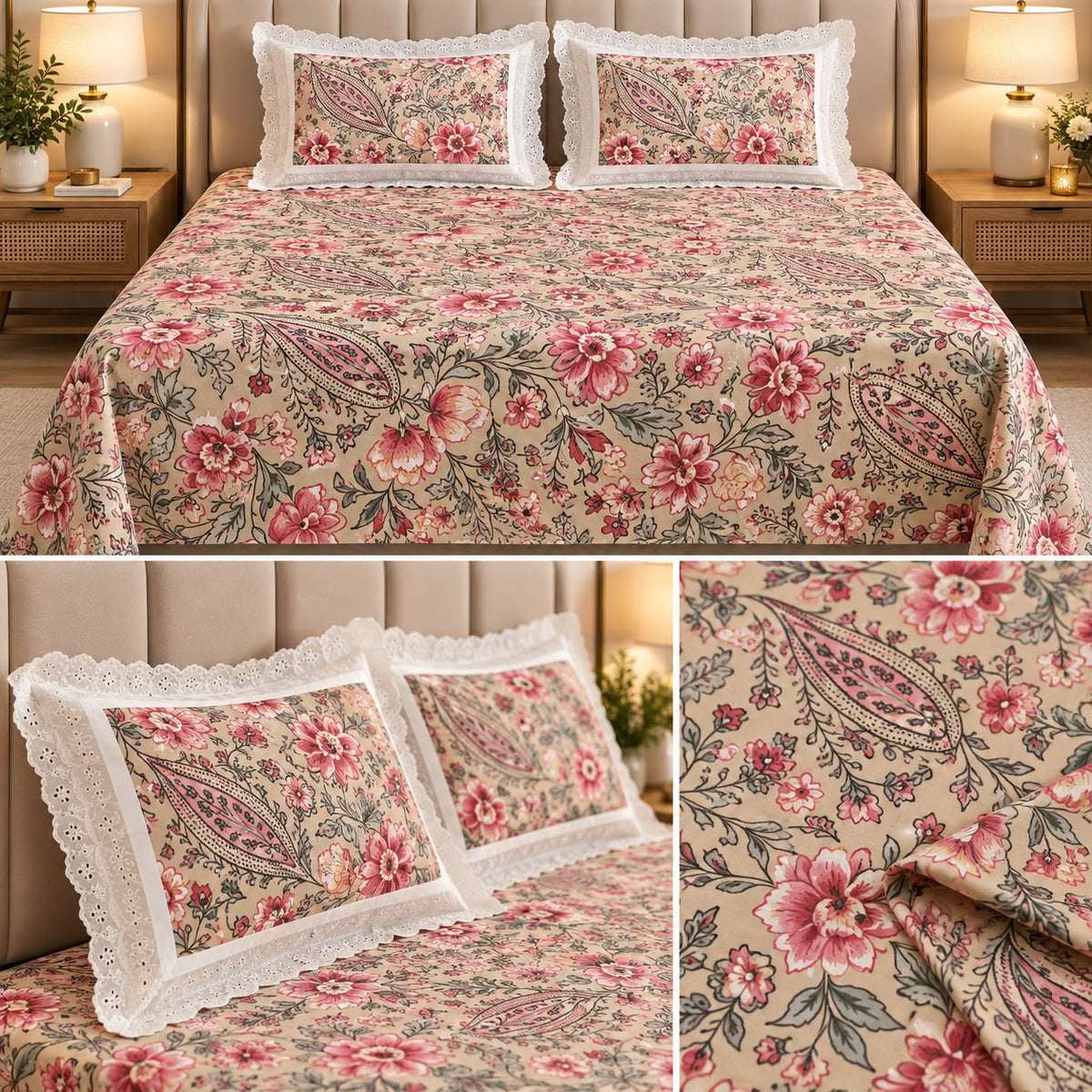 Floral King Size Bedsheet with Designer Lace Pillow Covers (108 x 108 Inches) Product Code:- 55B1150RKEH