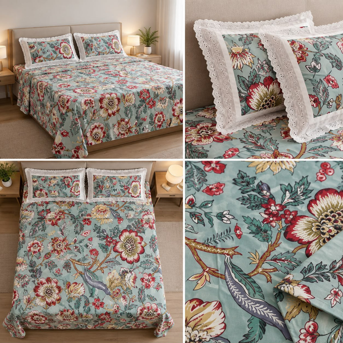 Floral King Size Bedsheet with Designer Lace Pillow Covers (108 x 108 Inches) Product Code:- 55B1150RKEH