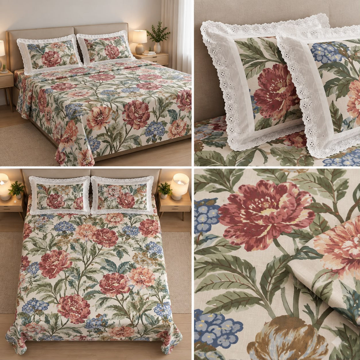 Floral King Size Bedsheet with Designer Lace Pillow Covers (108 x 108 Inches) Product Code:- 55B1150RKEH