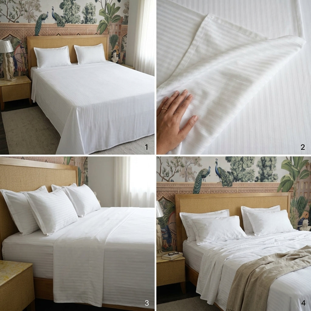 Pure White Stripe Cotton Bedsheet with 2 Pillow Covers - 108 / 108 Inch