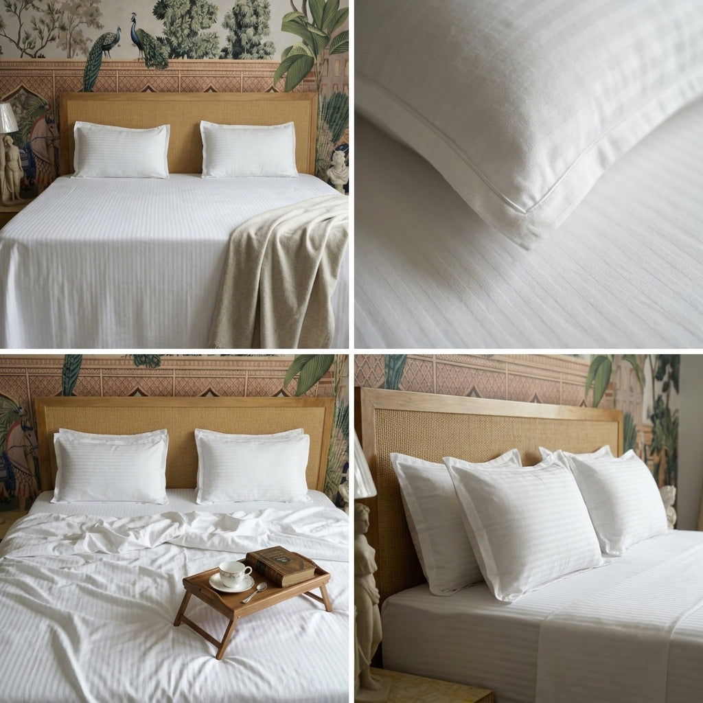 Pure White Stripe Cotton Bedsheet with 2 Pillow Covers - 108 / 108 Inch