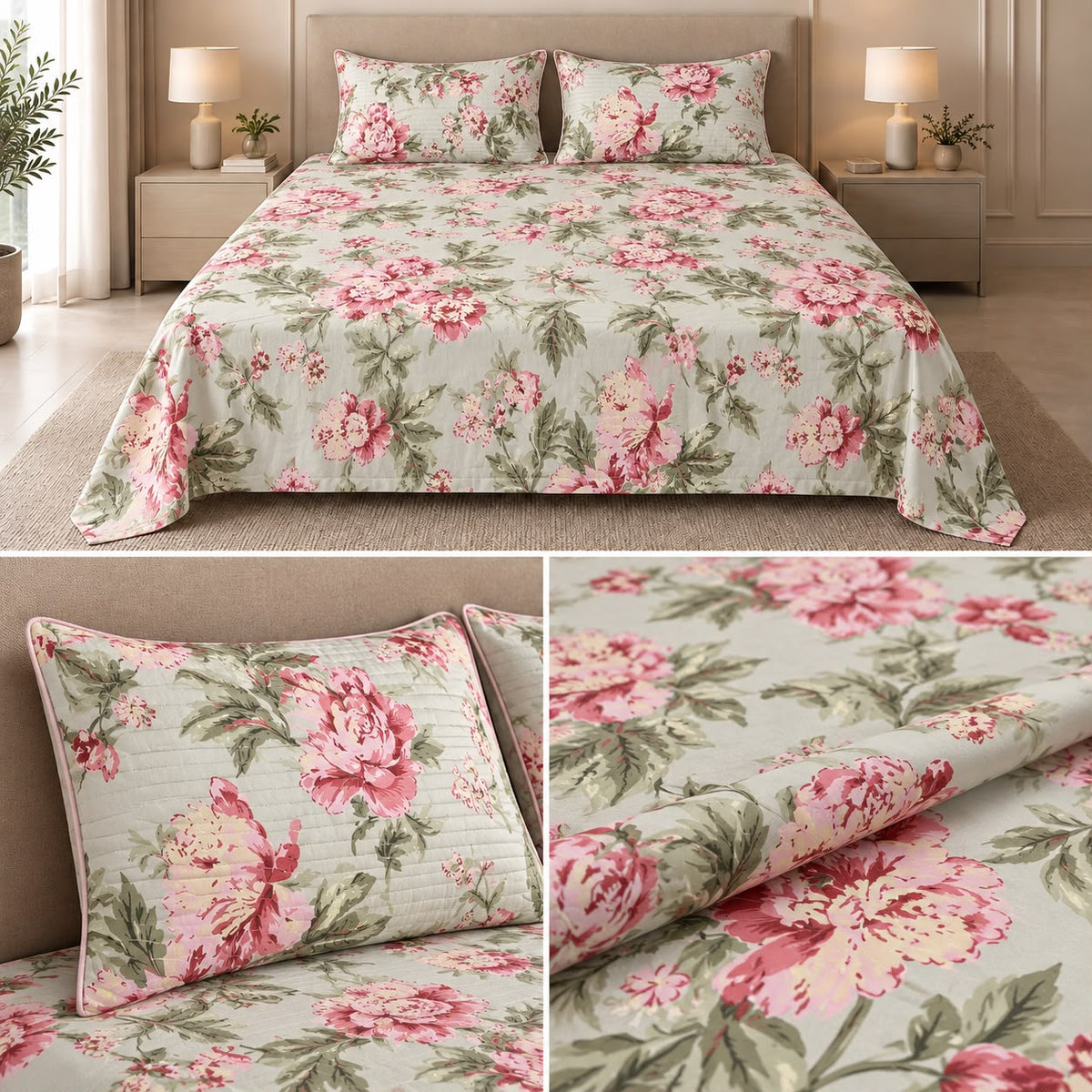 British Rose Bedsheet with Quilted Pillow Covers – Super King Size Product Code :- 55B108RKEH