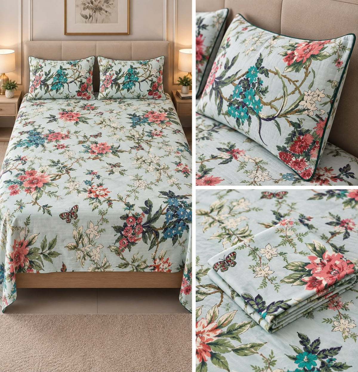 British Rose Bedsheet with Quilted Pillow Covers – Super King Size Product Code :- 55B108RKEH