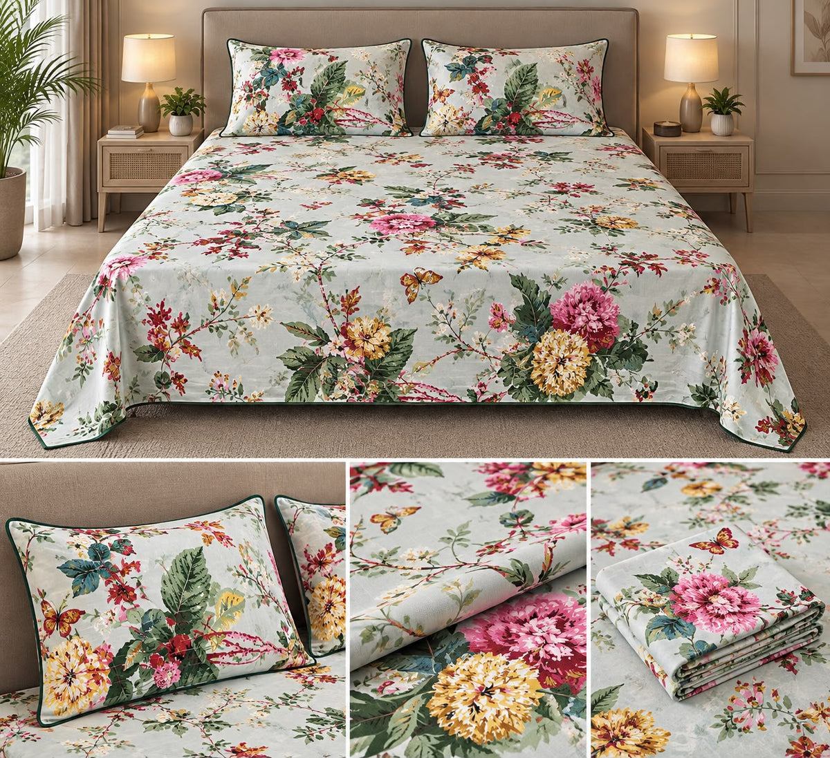 British Rose Bedsheet with Quilted Pillow Covers – Super King Size Product Code :- 55B108RKEH