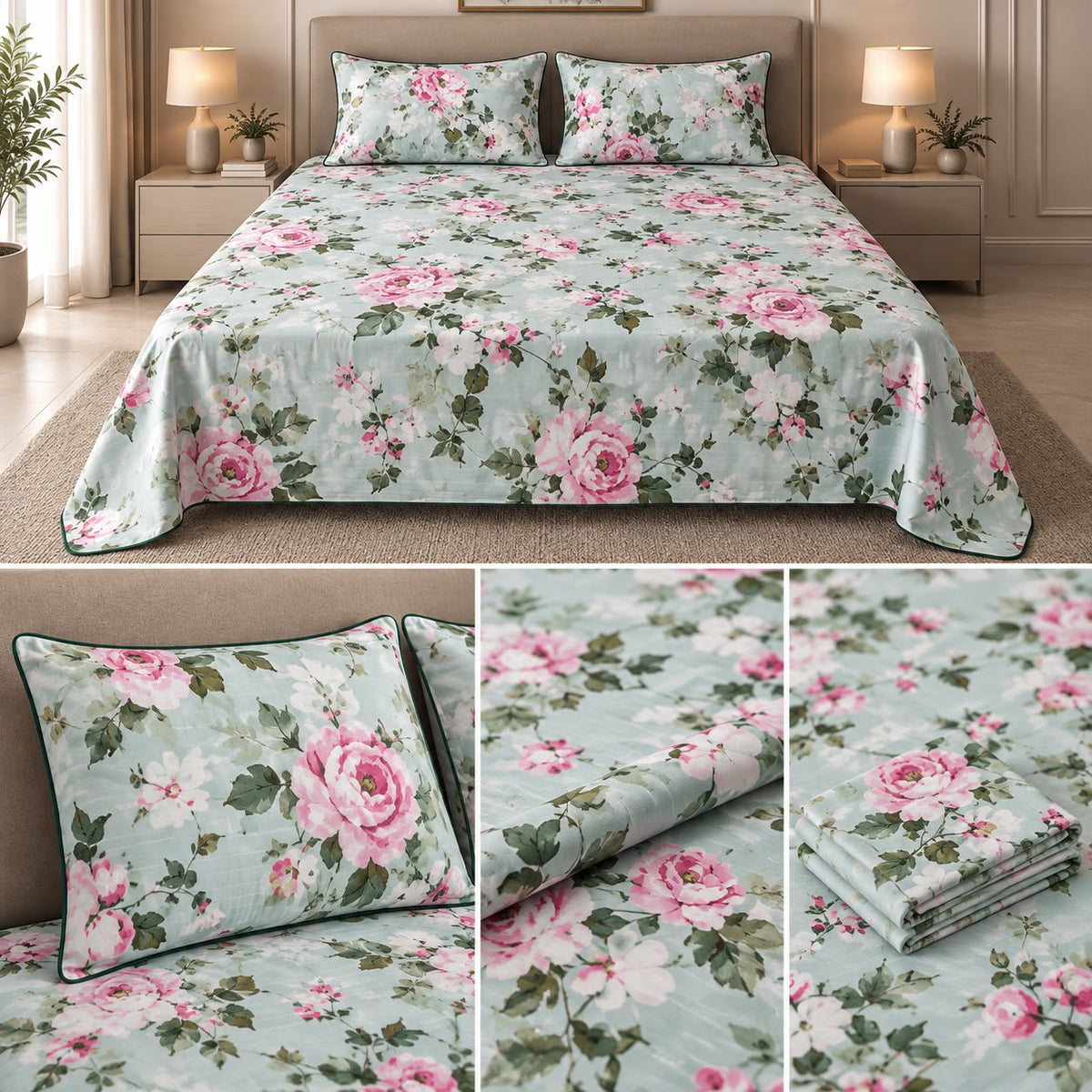 British Rose Bedsheet with Quilted Pillow Covers – Super King Size Product Code :- 55B108RKEH