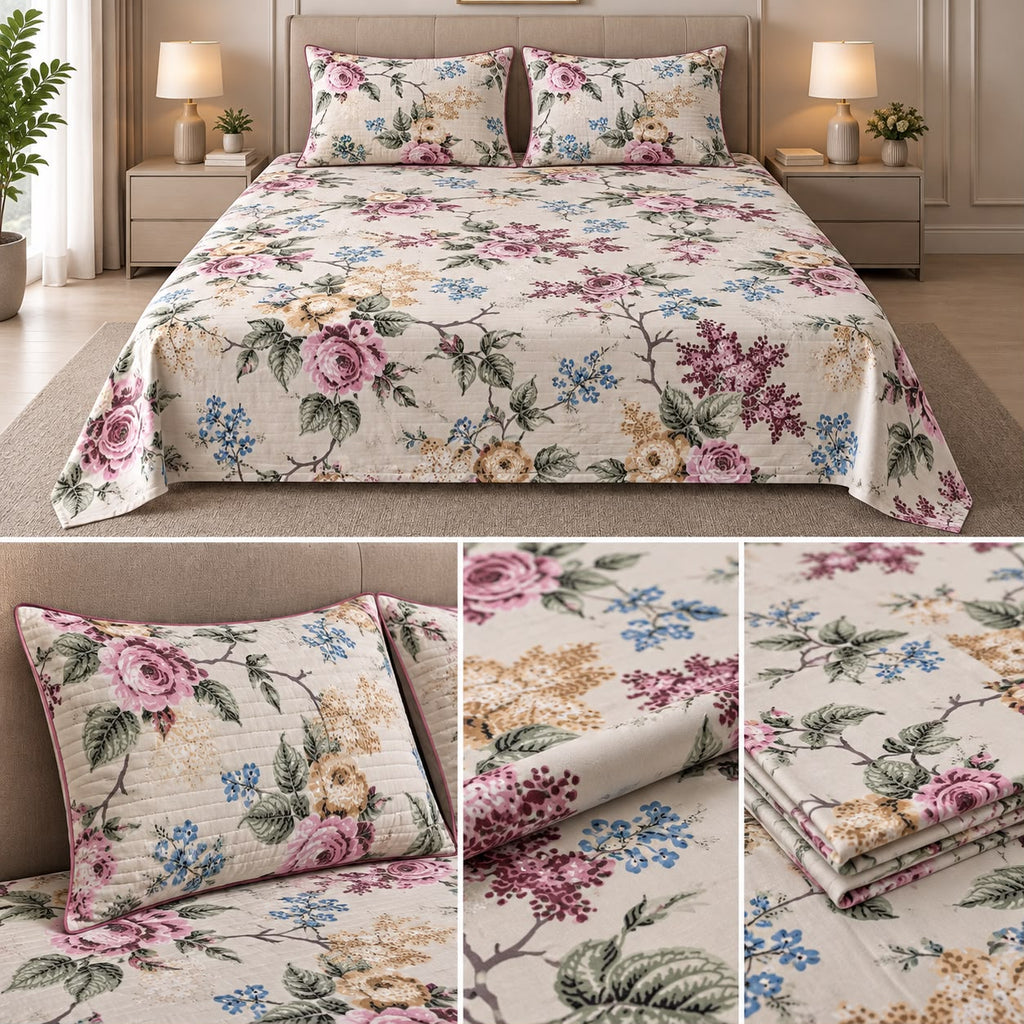 British Rose Bedsheet with Quilted Pillow Covers – Super King Size Product Code :- 55B108RKEH