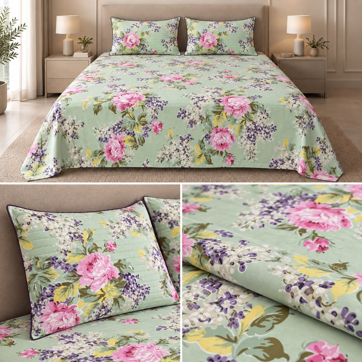 British Rose Bedsheet with Quilted Pillow Covers – Super King Size Product Code :- 55B108RKEH