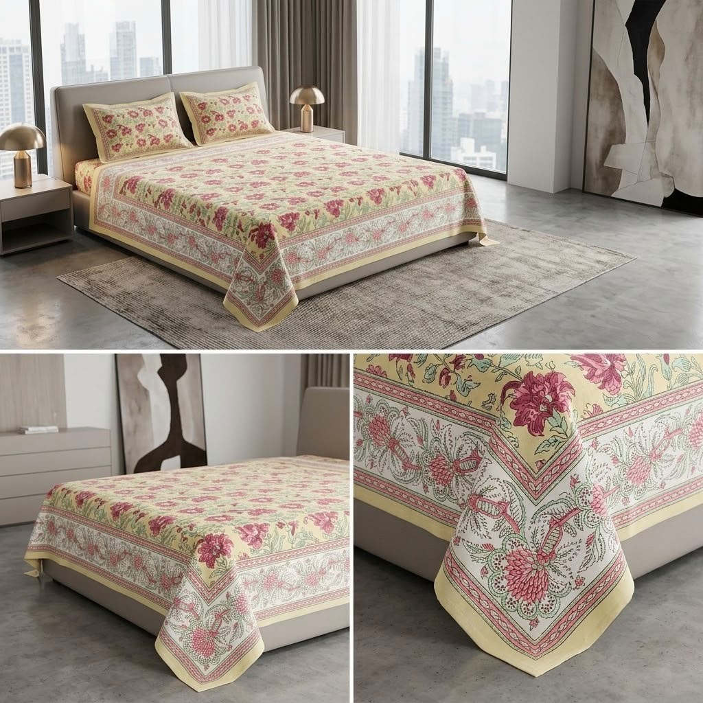 Heritage Block Print Cotton Bedsheet Set – King Size 3 Pcs