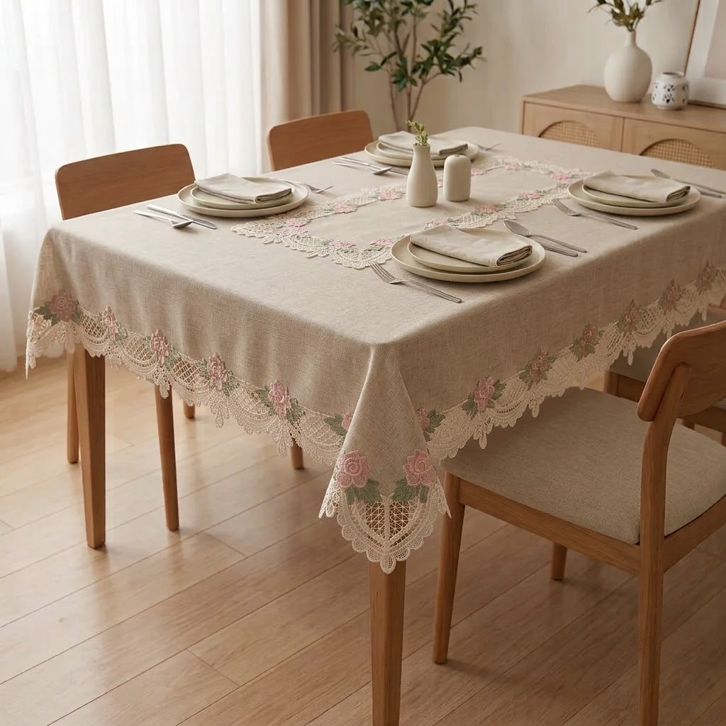 Elvara Linen (Pink Flower) Crochet Lace Dining Table Cover  –4, 6 & 8 Seater Product Code :- 55B115RKEH, 55B175RKEH, 55B215RKEH