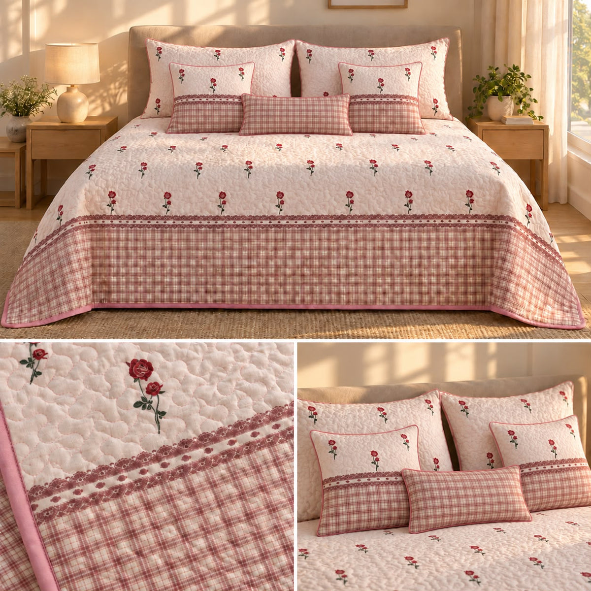 English Cottage Rose Luxury 9Pcs Quilted Bedcover Set – Floral & Gingham Collection