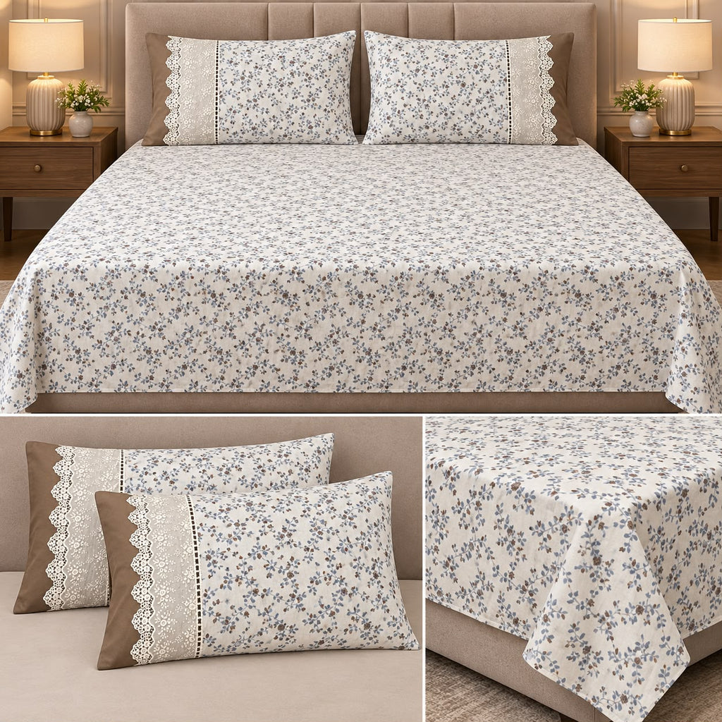 English Meadow Lace Cotton Bedsheet Set – King Size 3 Pcs