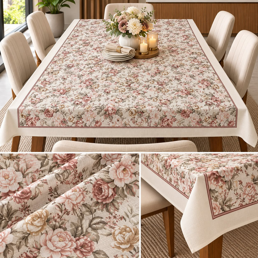Rosewood Bloom Premium Linen Dining Sheet – 8 Seater | 60 × 108 Inches