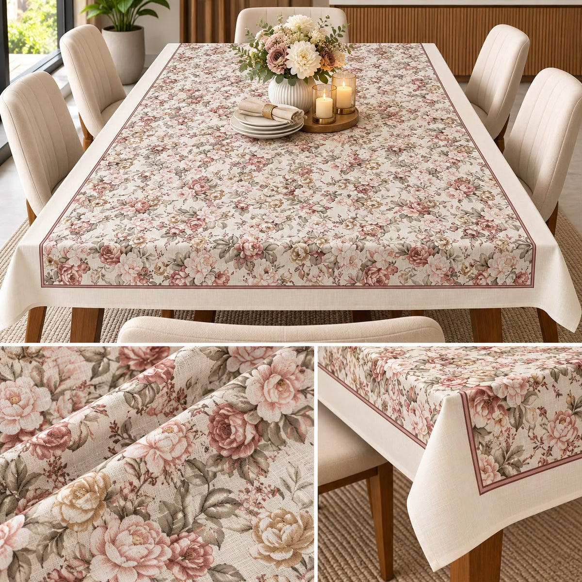 Rosewood Bloom Premium Linen Dining Sheet – 8 Seater | 60 × 108 Inches