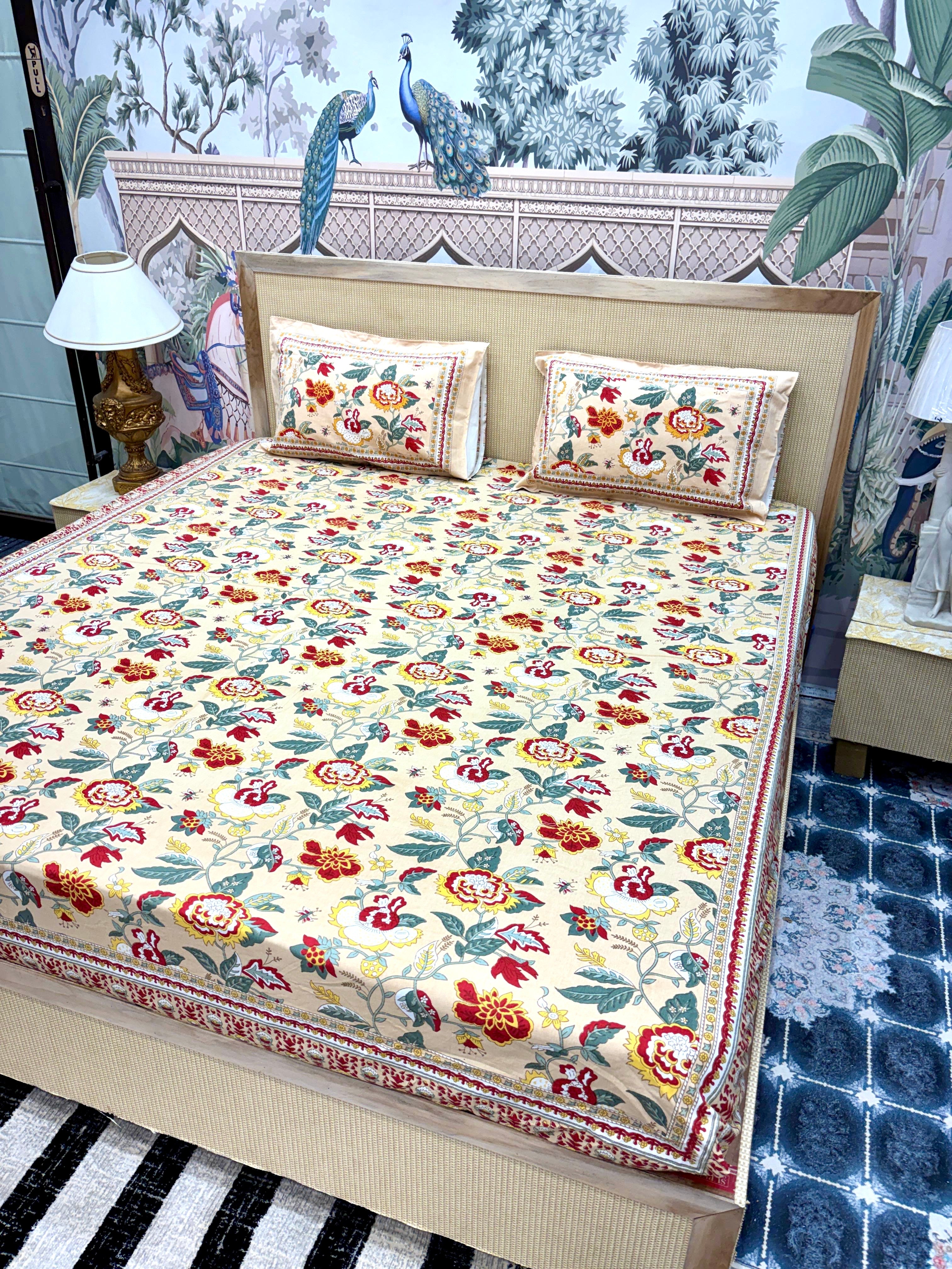 Block Prints Pure Cotton Printed Fitted Bedsheet Set with 2 Pillow Covers