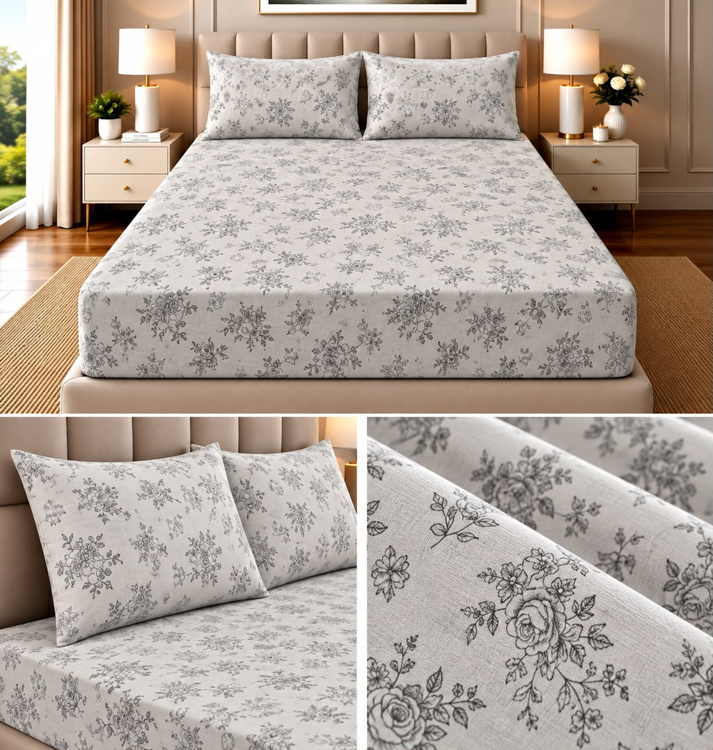 Elegance Pure Cotton King Size Fitted Bedsheet – 3 Piece Set with 2 Pillow Covers
