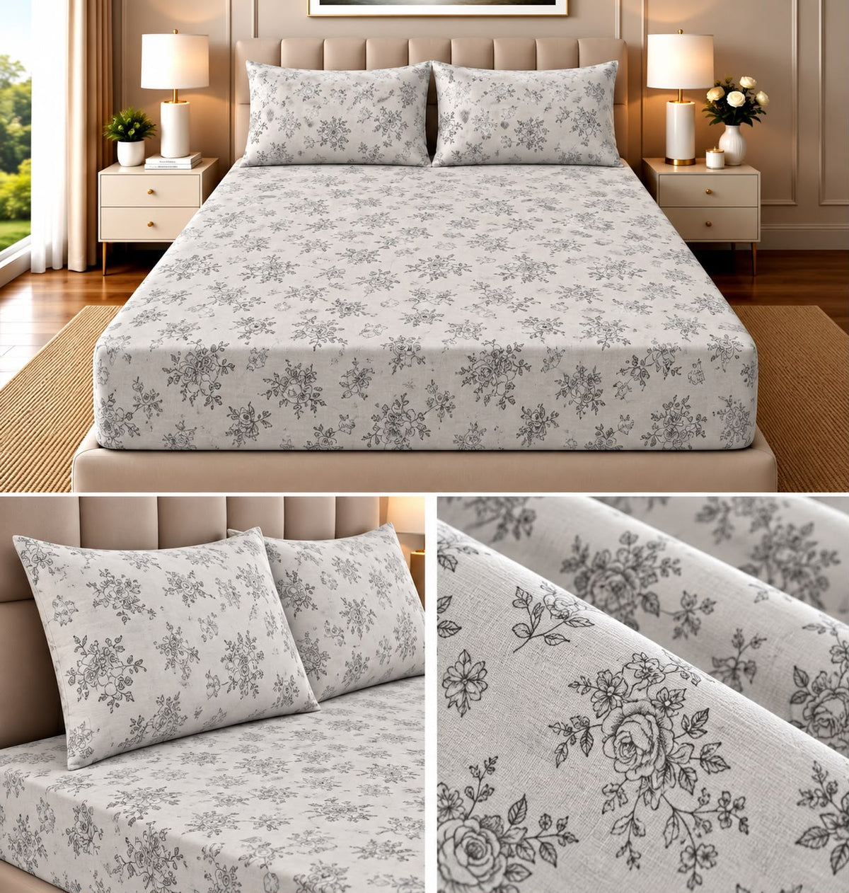 Elegance Pure Cotton King Size Fitted Bedsheet – 3 Piece Set with 2 Pillow Covers