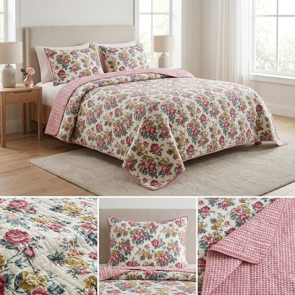 English Garden Floral Quilted Bedcover – 3 Piece Set with Matching Pillow Covers (Copy)