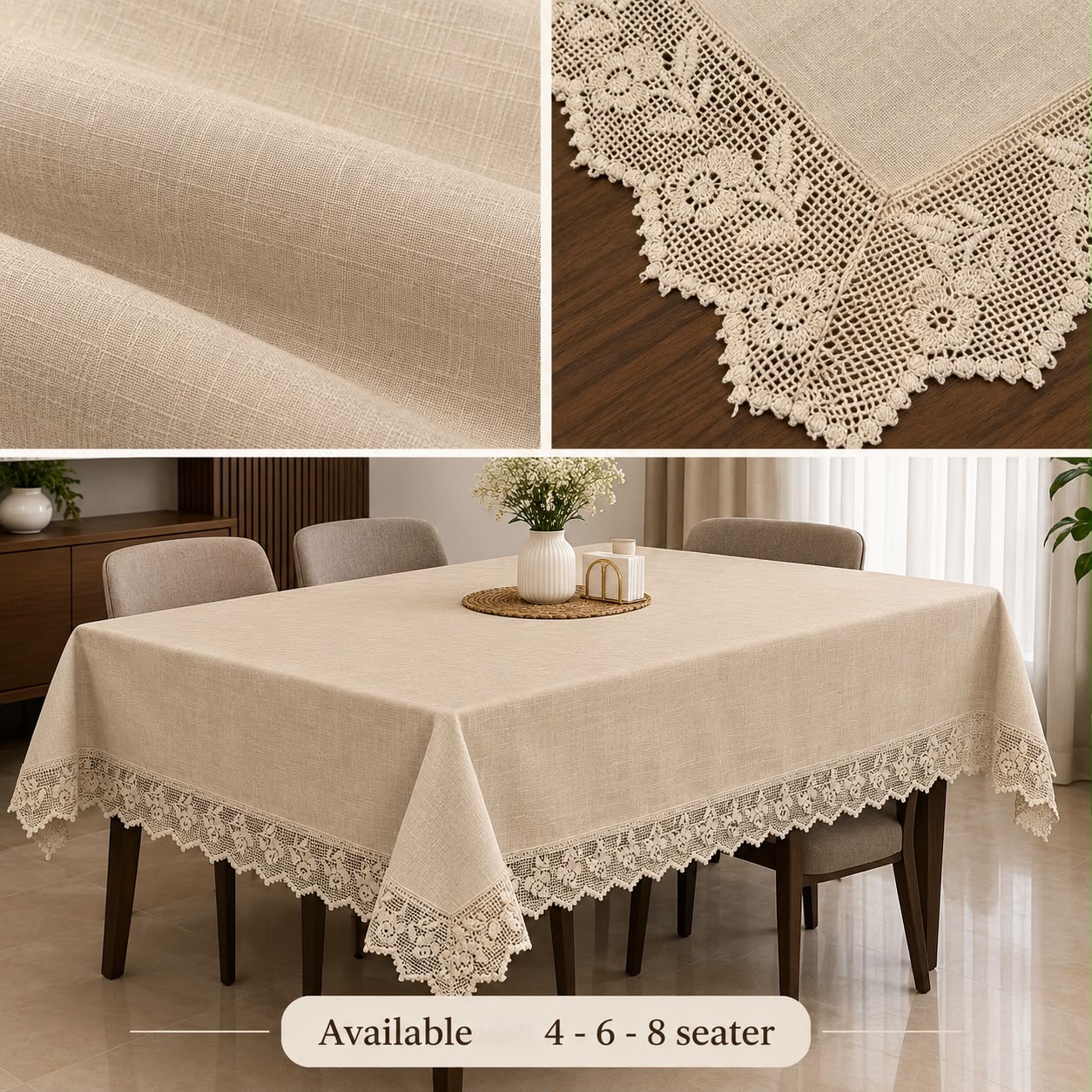 Pure Linen Lace Dining Table Cover 4, 6 & 8 Seater Dining Sheet