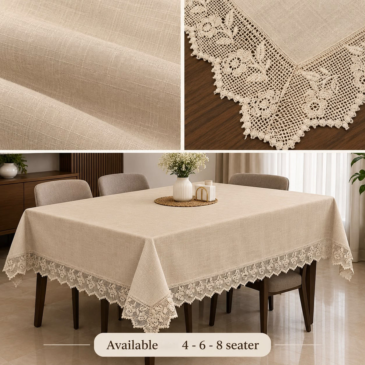 Pure Linen Lace Dining Table Cover 4, 6 & 8 Seater Dining Sheet