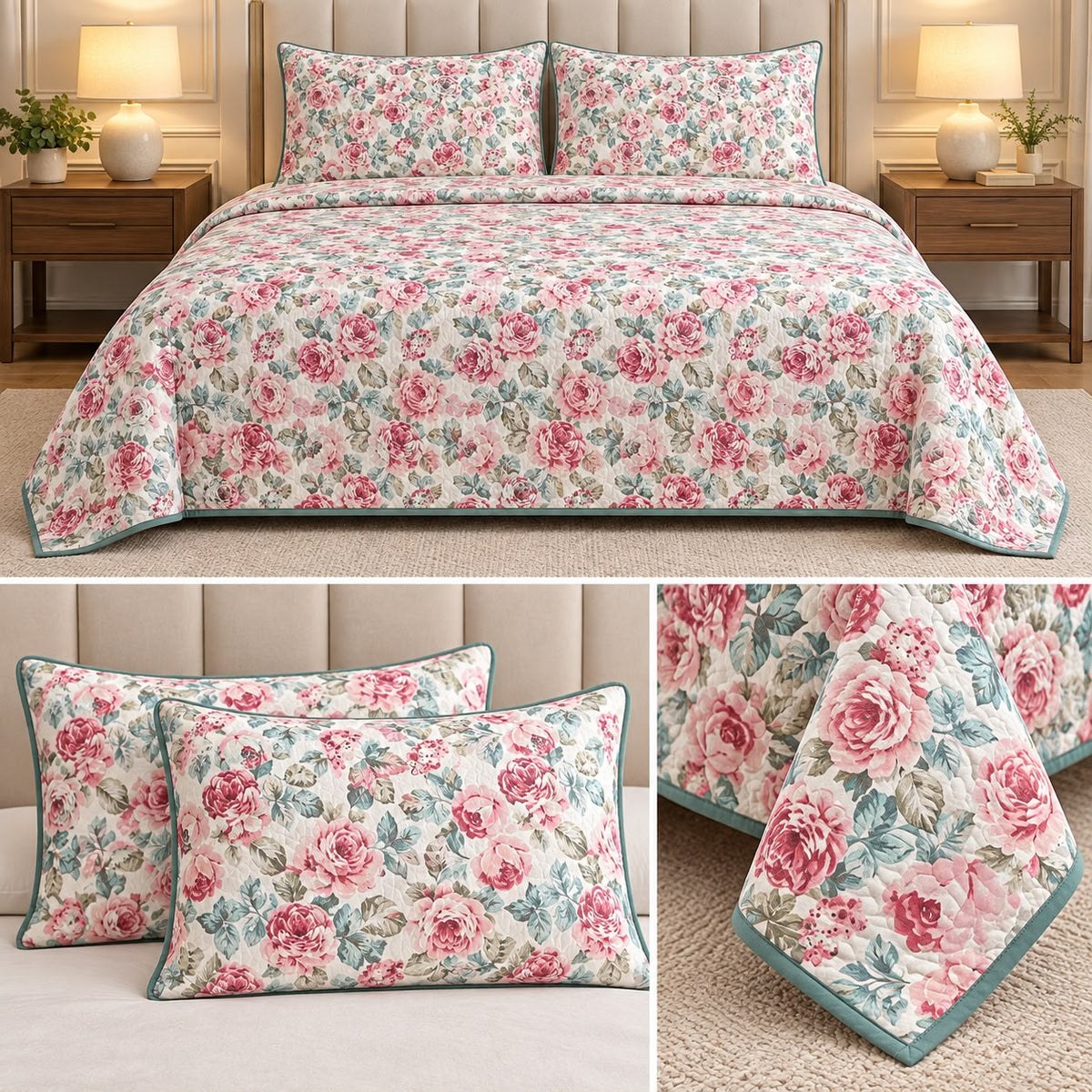 Vintage Bloom Quilted Bedcover Set – King Size 3 Pcs 100 % Pure Cotton