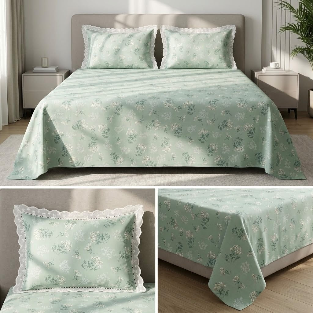 Premium 300 TC Pure Cotton Bedsheet Set with Designer Lace Pillow Covers – King Size 108 x 108 Inch