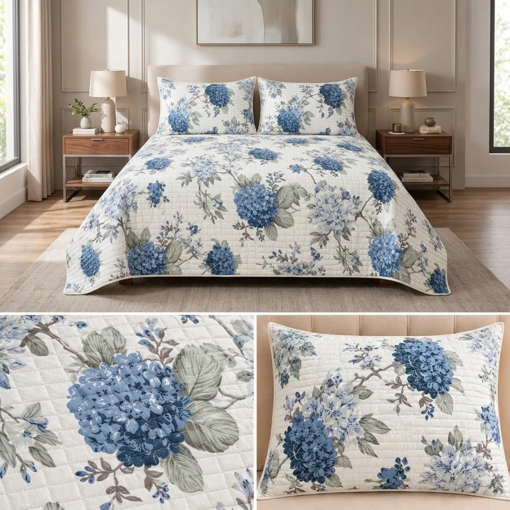 English Prints Quilted Bedcover with 2 Matching Pillow Covers – 3 Pcs Set