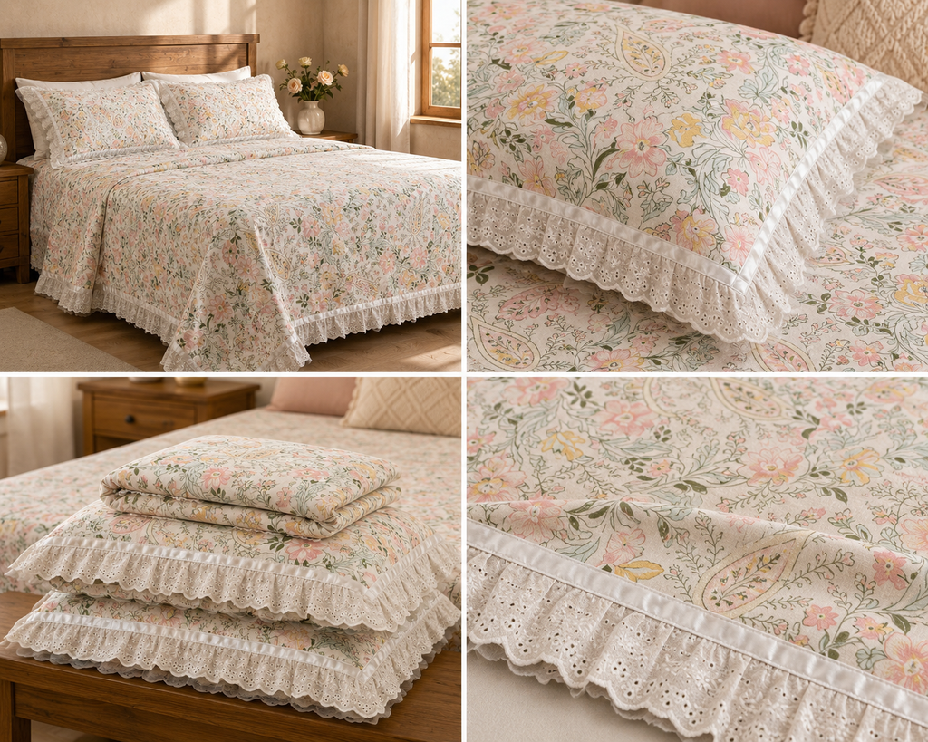 Floral King Size Bedsheet with Designer Lace Pillow Covers (108 x 108 Inches) Product Code:- 55B1150RKEH