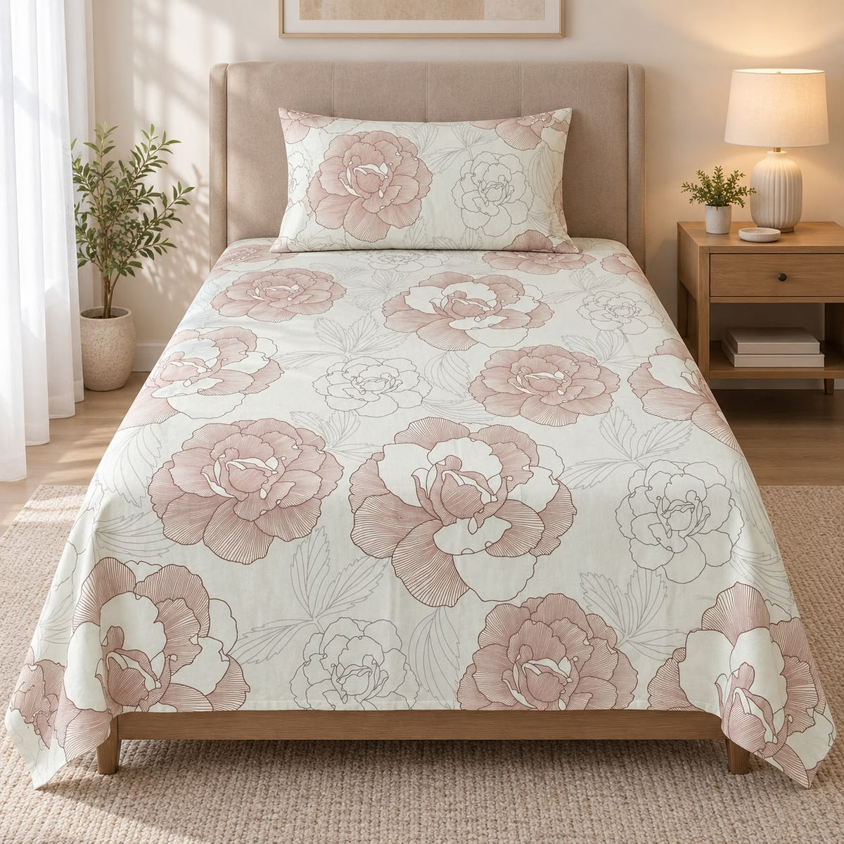 Printed Single Bedsheet Set – 2 Pcs (1 Bedsheet + 1 Pillow Cover) 100 % Pure Cotton