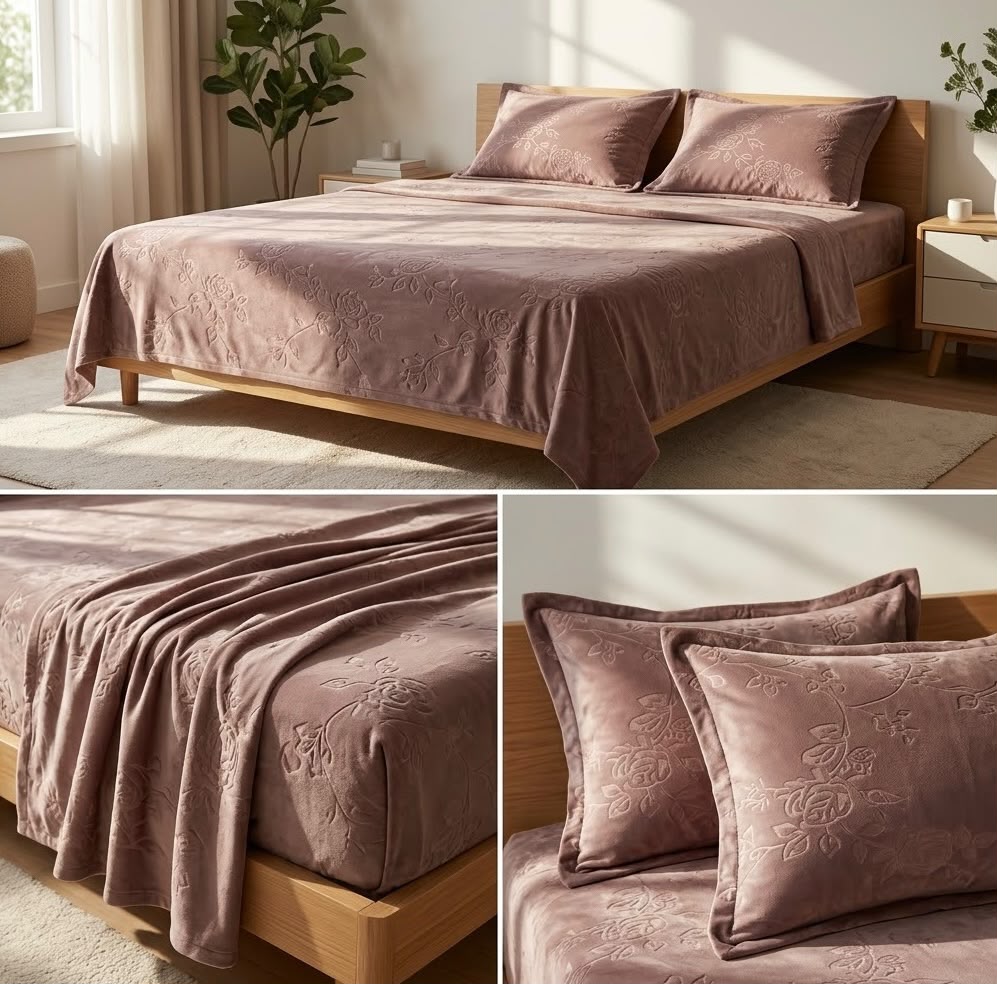 Warm Embossed Rose Floral Fitted Bedsheet Set – King Size (3 Pcs)