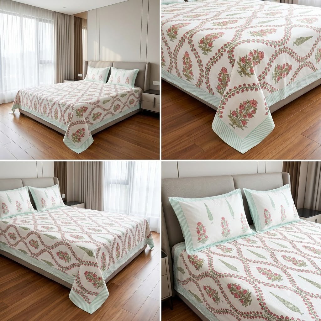 Heritage Block Print Cotton Bedsheet Set – King Size 3 Pcs