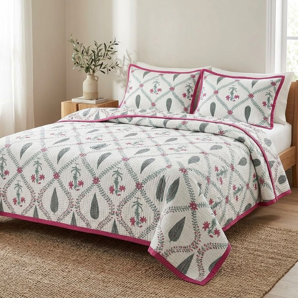 English Garden Floral Quilted Bedcover – 3 Piece Set with Matching Pillow Covers
