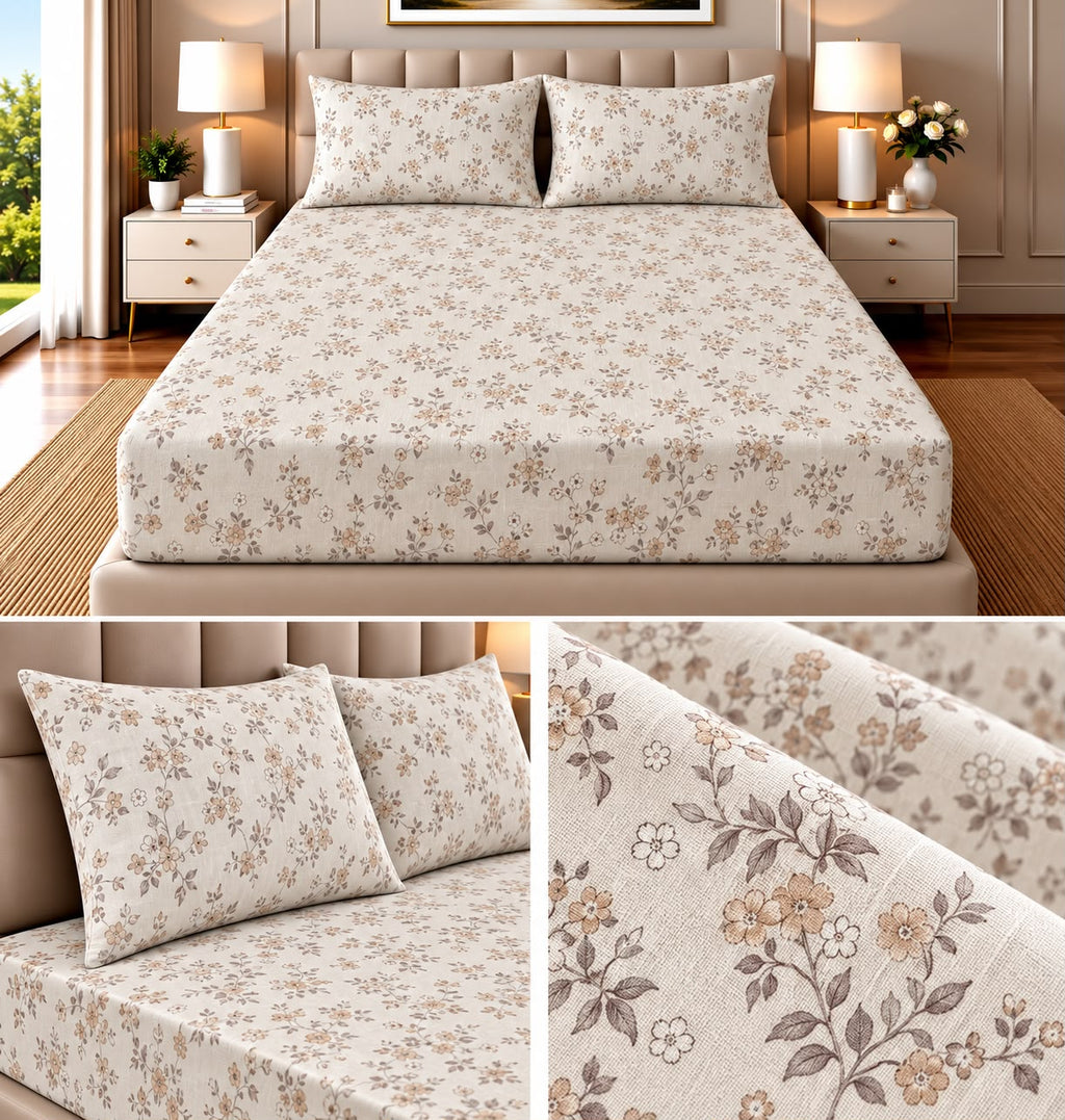 Elegance Pure Cotton King Size Fitted Bedsheet – 3 Piece Set with 2 Pillow Covers