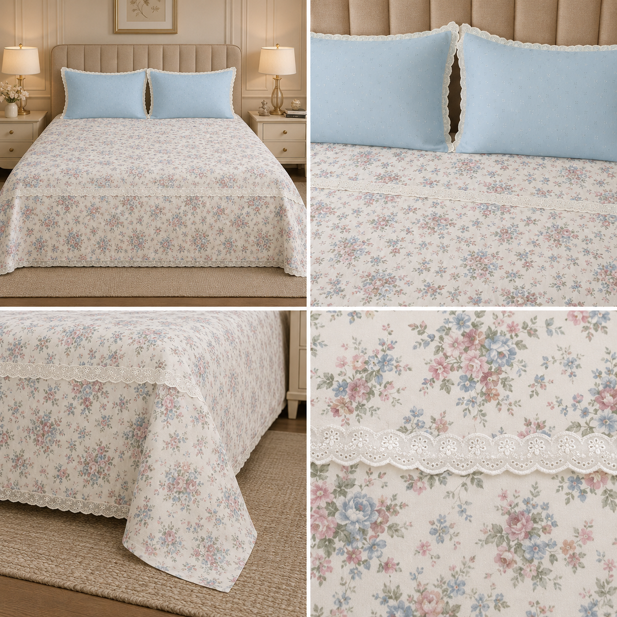 Victorian English Print King Size Bedsheet with Lace Product Code :- 55B99RKEH