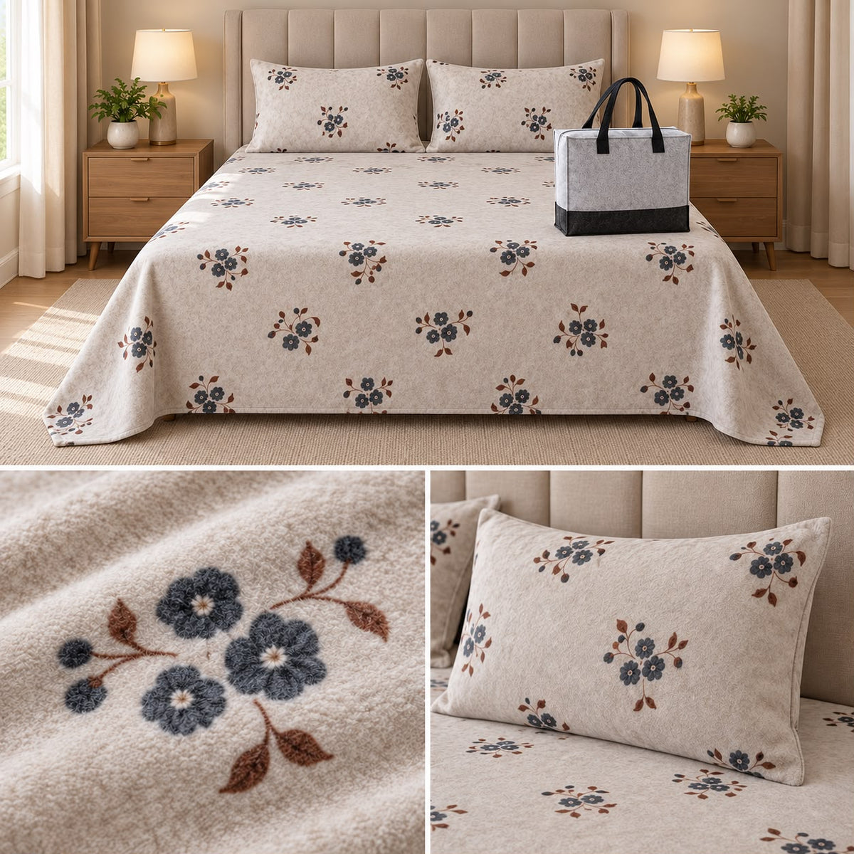 Floral Printed Winter Bedsheet Set with Matching Pillow Covers & Storage Bag – King Size