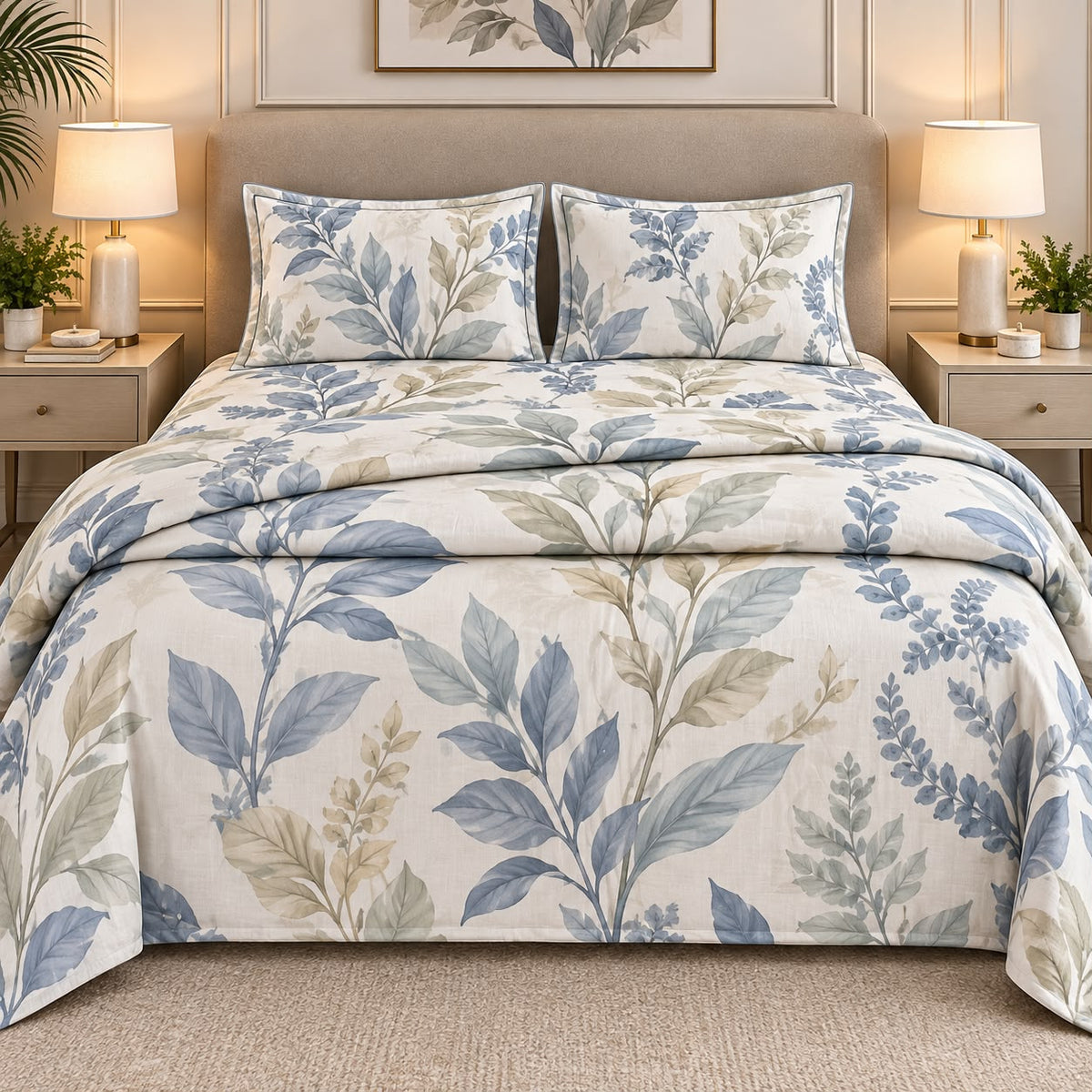 Botanical Elegance 4-Piece King Bedding Set – 100% Cotton Bedsheet with Duvet Cover