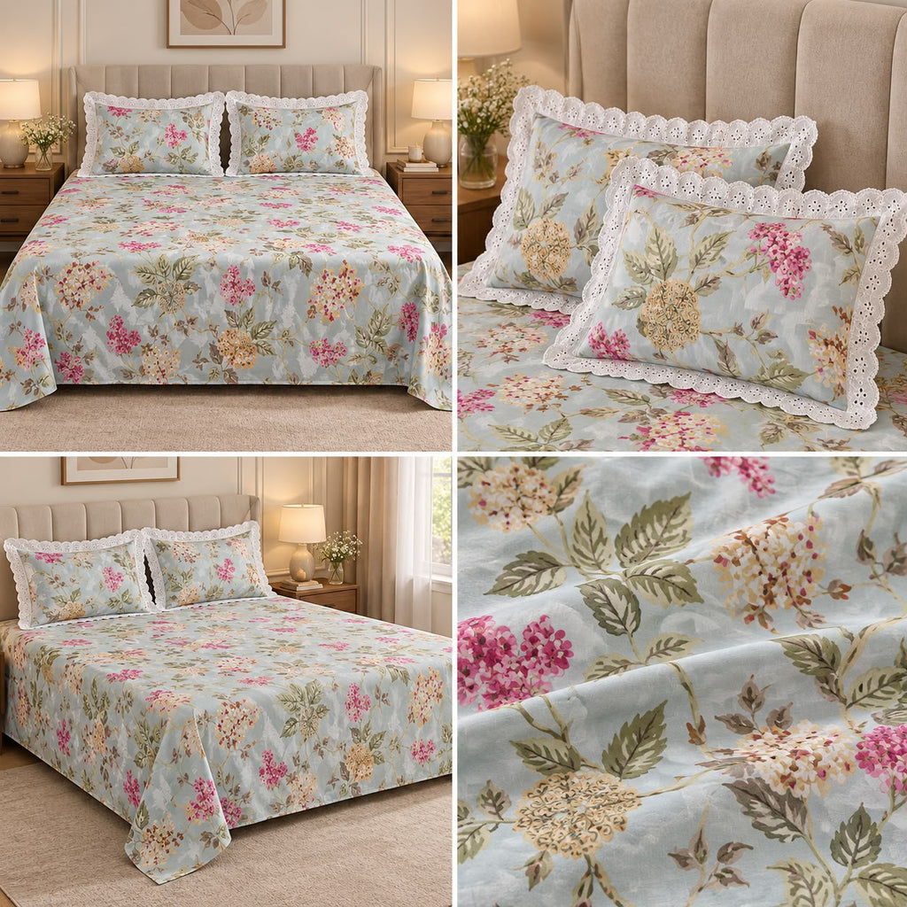Floral King Size Bedsheet with Designer Lace Pillow Covers (108 x 108 Inches) Product Code:- 55B1150RKEH