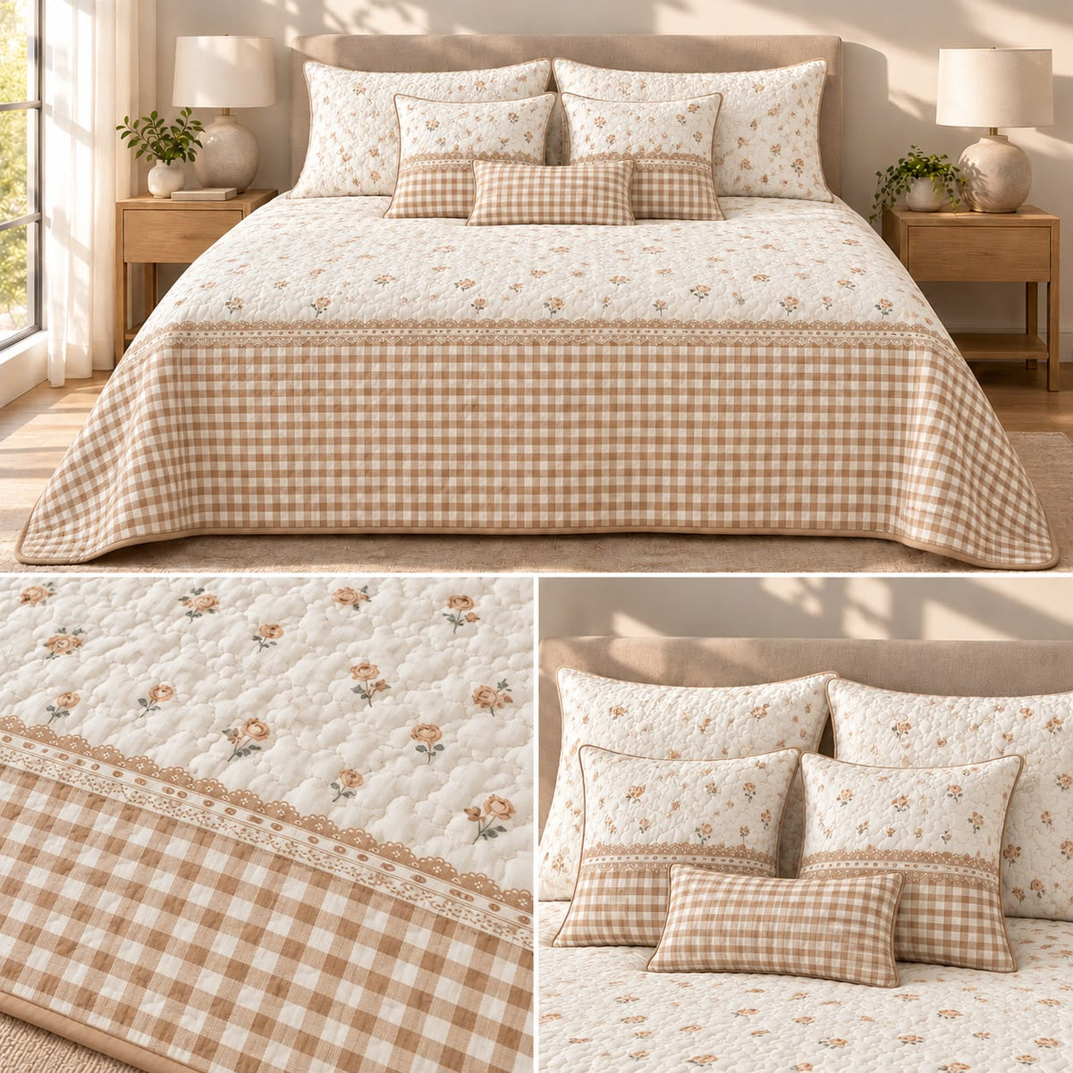 English Cottage Rose Luxury 9Pcs Quilted Bedcover Set – Floral & Gingham Collection