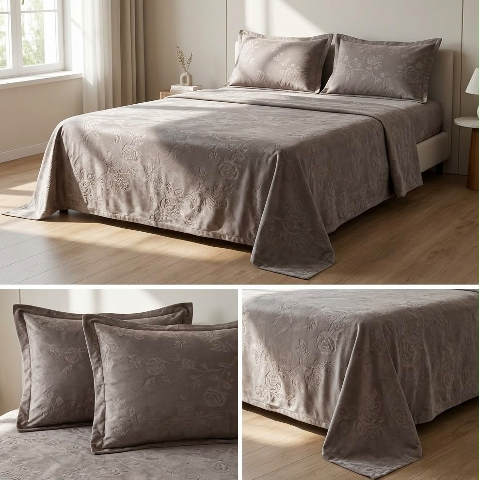 Warm Embossed Rose Floral Fitted Bedsheet Set – King Size (3 Pcs)