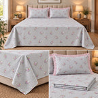 English Floral Print King Size Bedsheet with Lace Pillow Covers – 3 Pcs Set