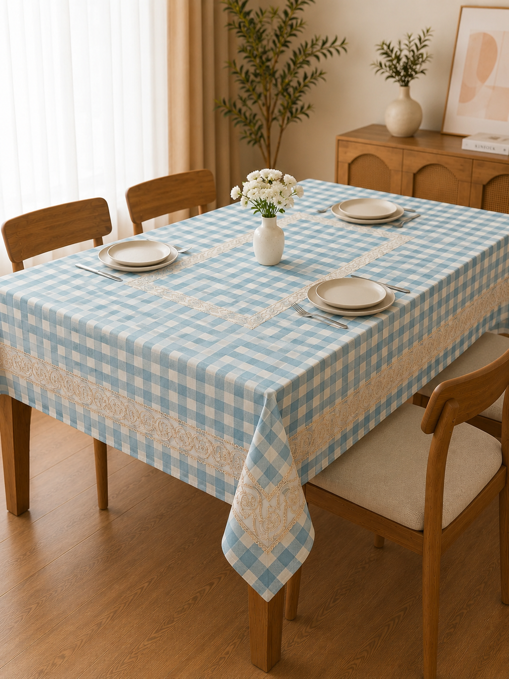 Elegant Checkered Lace Dining Table Cover – 4, 6 & 8 Seater  Product Code :- 55B125RKEH, 55B195RKEH, 55B265RKEH