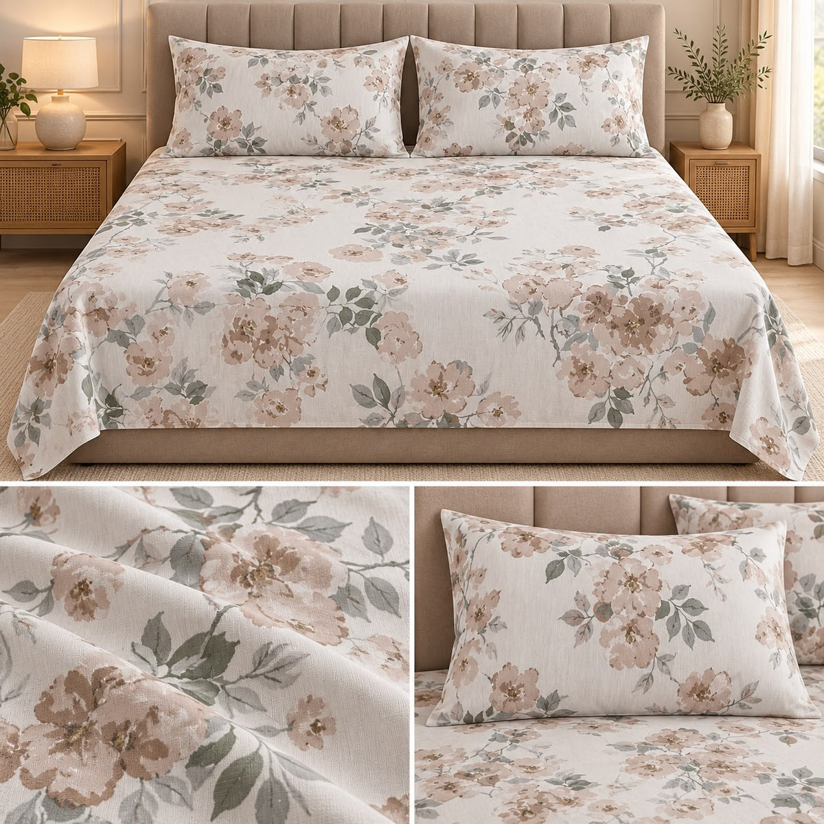 Premium English Botanical Floral Printed Bedsheet Set – King Size 3 Pcs