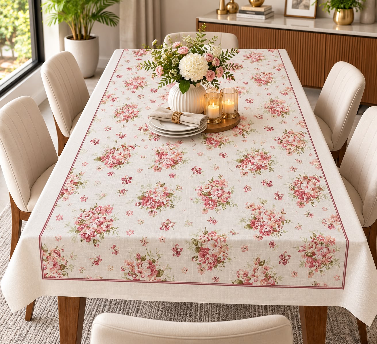 Royal Floral Linen Table Cover – 8 Seater | 60 × 108 Inches