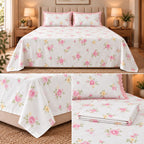 English Floral Print King Size Bedsheet with Lace Pillow Covers – 3 Pcs Set