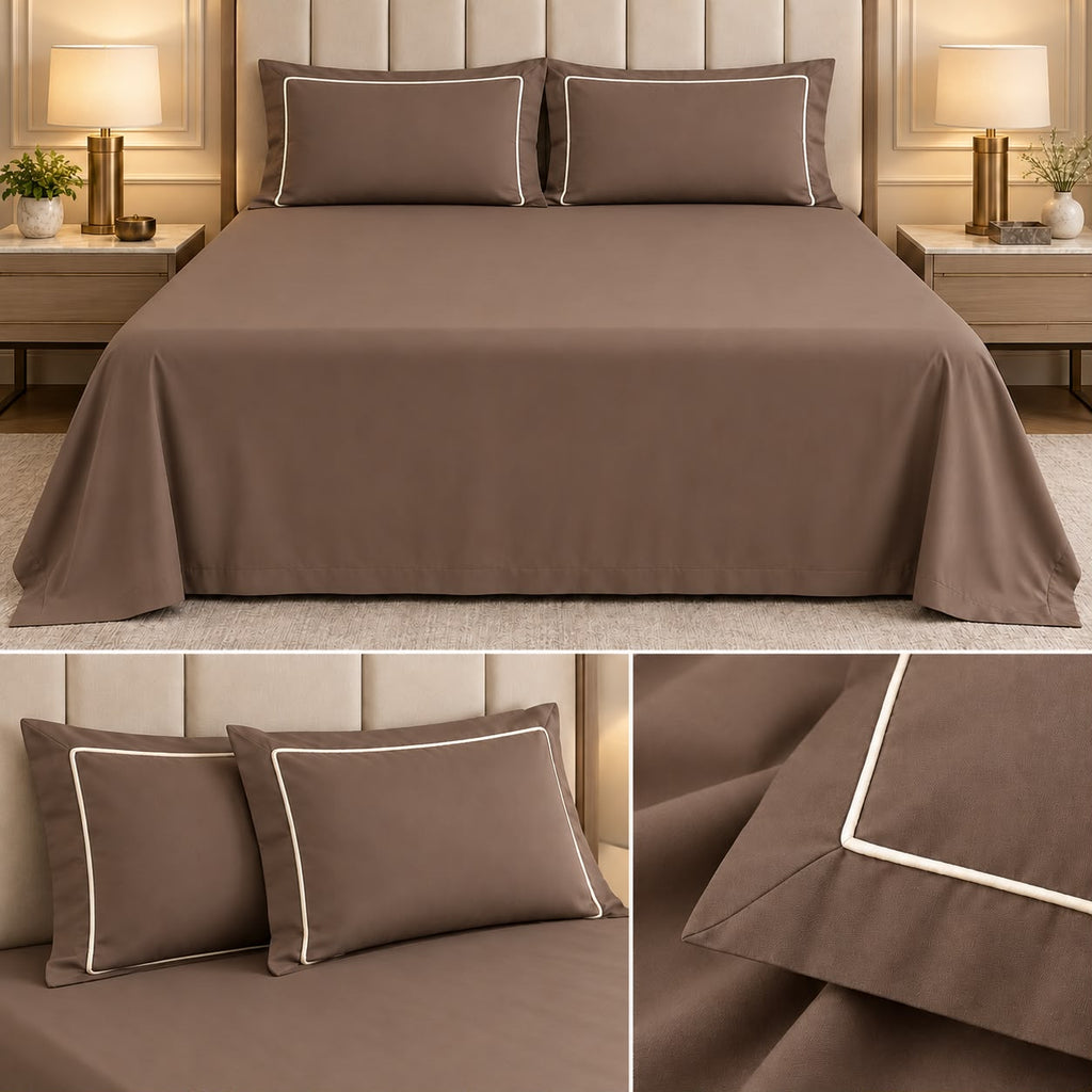 Egyptian Pure Cotton Plain Bedsheet Set with Designer Piping Pillow Covers – 108 x 108 Inch