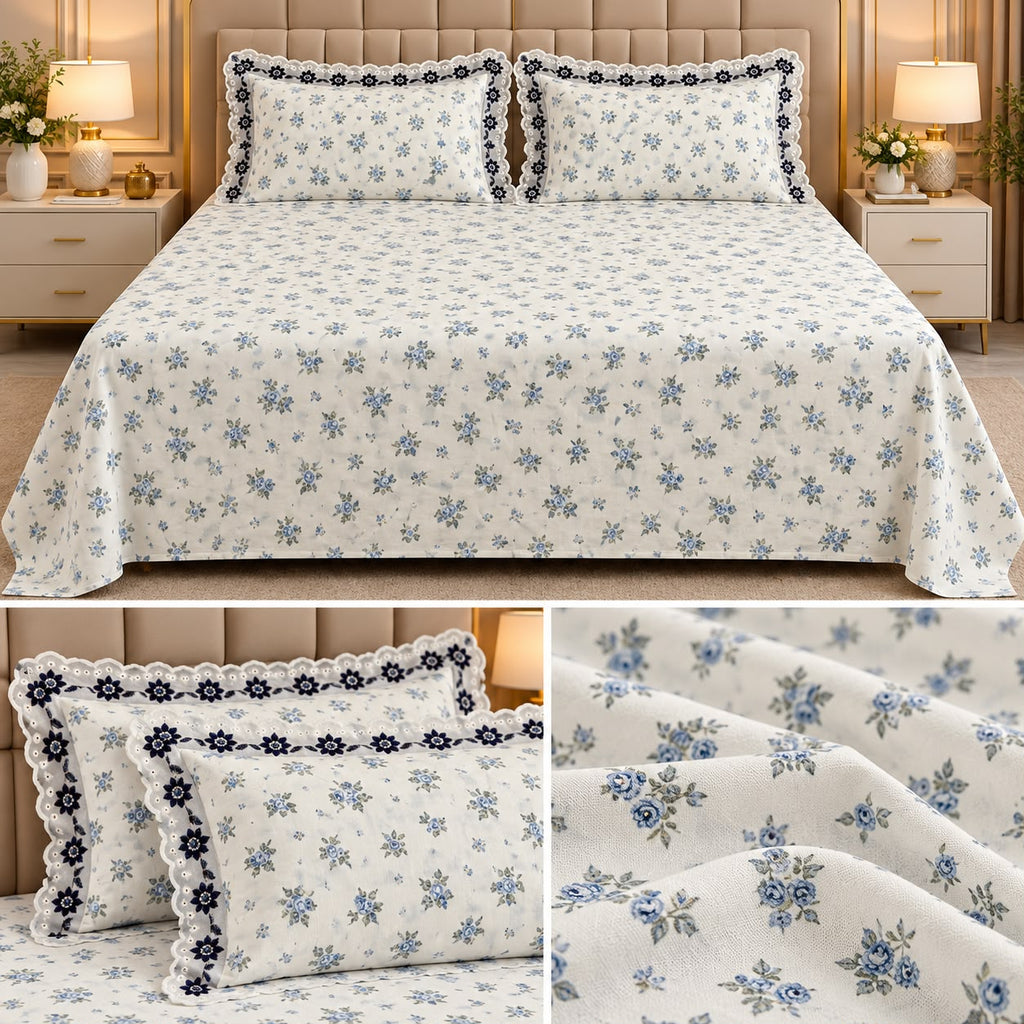 English Floral Lace Bedsheet Set – King Size 3 Pcs | Product Code :- 55B128RKEH