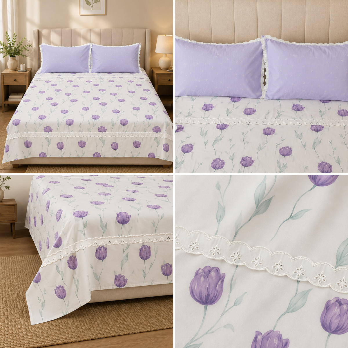 Victorian English Print King Size Bedsheet with Lace Product Code :- 55B99RKEH