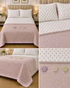 Gingham King Size Quilted Bedcover with 3 Beautiful 3D Floral Appliqué | Product Code :- 55B185RKEH
