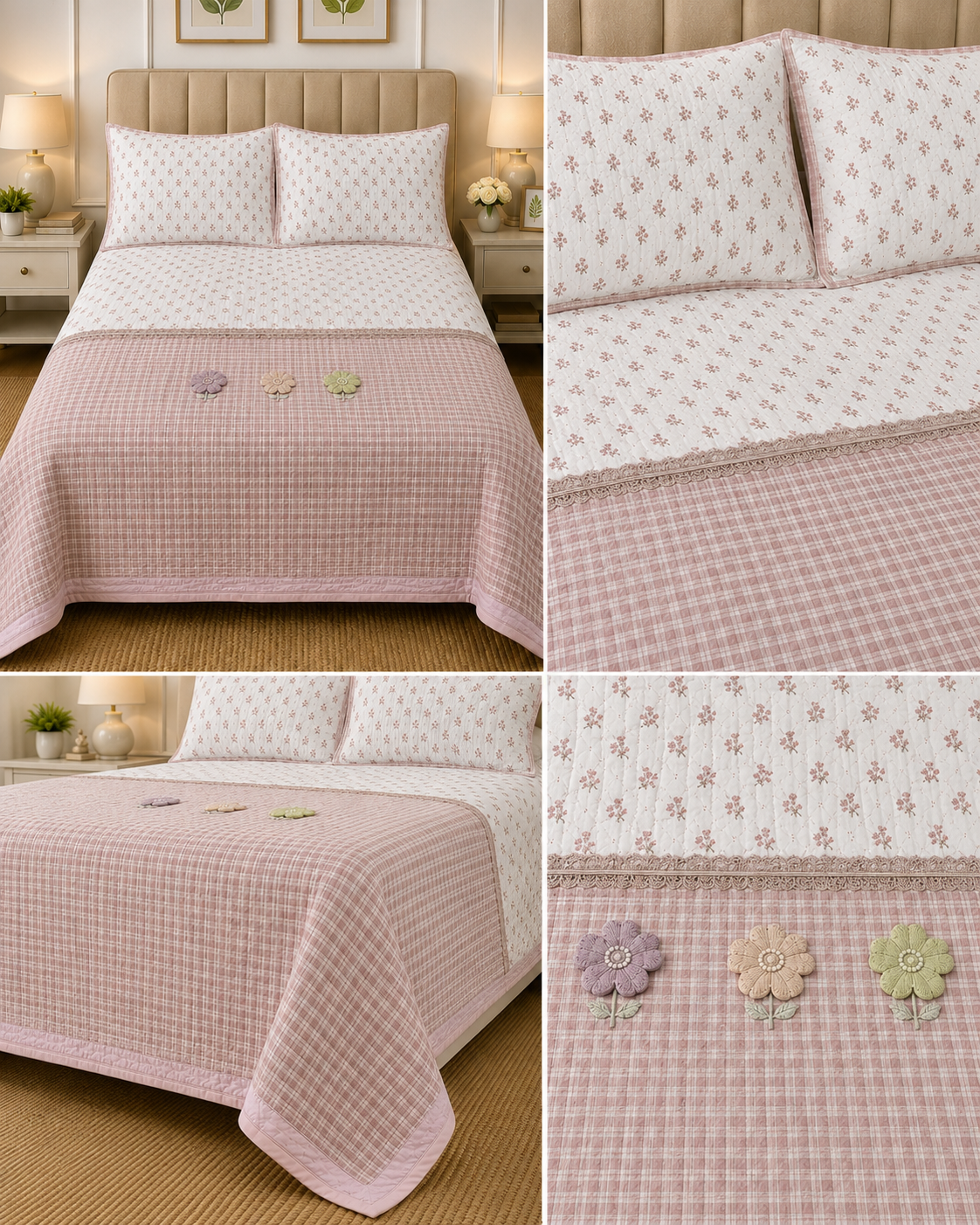 Gingham King Size Quilted Bedcover with 3 Beautiful 3D Floral Appliqué | Product Code :- 55B185RKEH